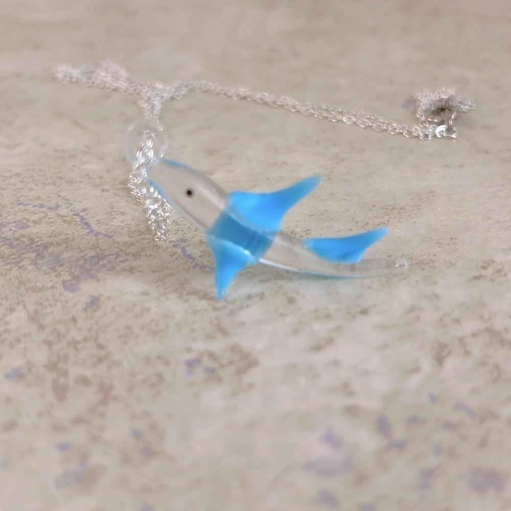 Hand Blown Glass Fish Necklace 26” Chain